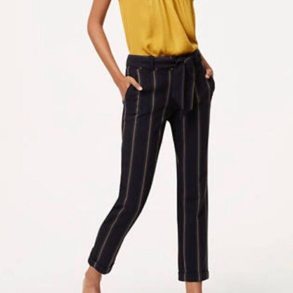 Loft Slim Striped Cuffed Tie Waist Ankle Crop Pants Julie Sz 4 - Picture 2 of 10